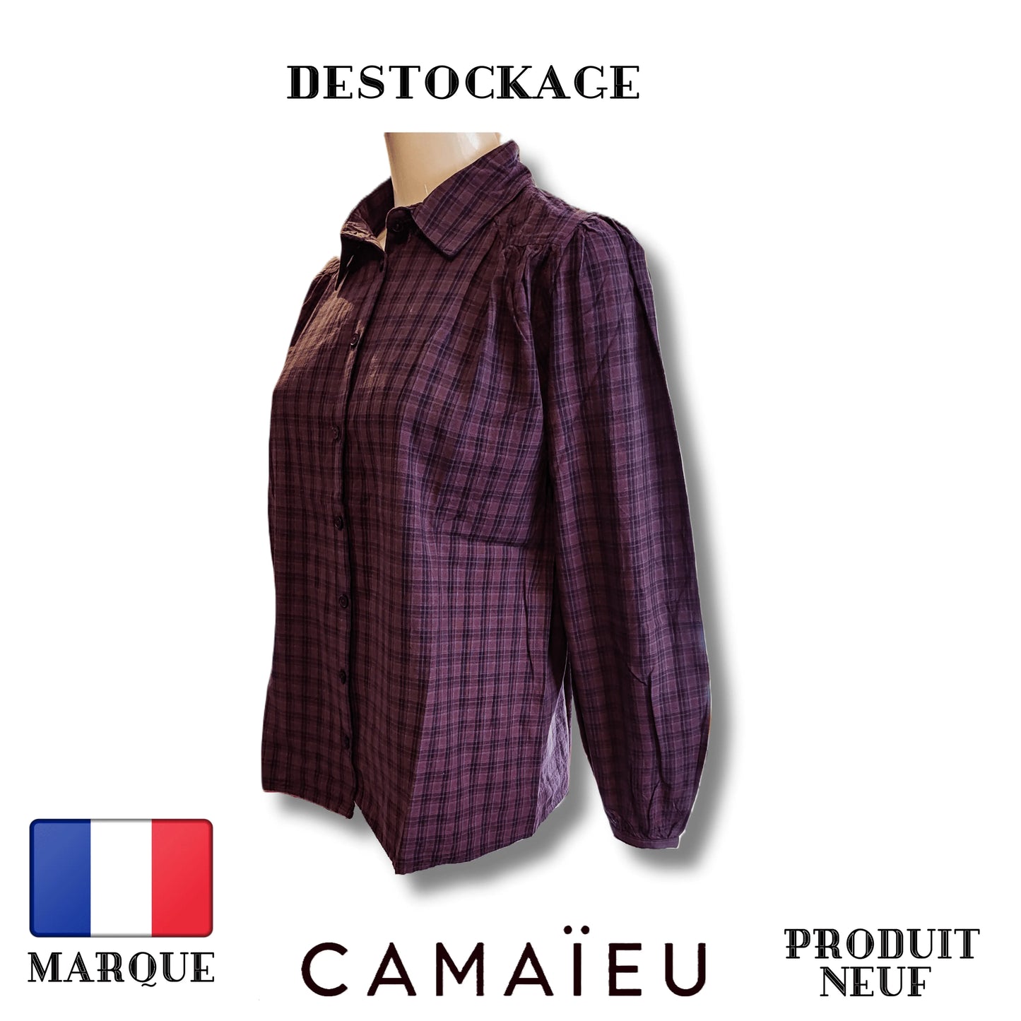 Camaïeu Blouse violet carreaux rayure - À Carreaux - Plusieurs Teintes - 100% Coton Royal Déstockage™