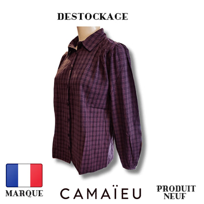 Camaïeu Blouse violet carreaux rayure - À Carreaux - Plusieurs Teintes - 100% Coton Royal Déstockage™