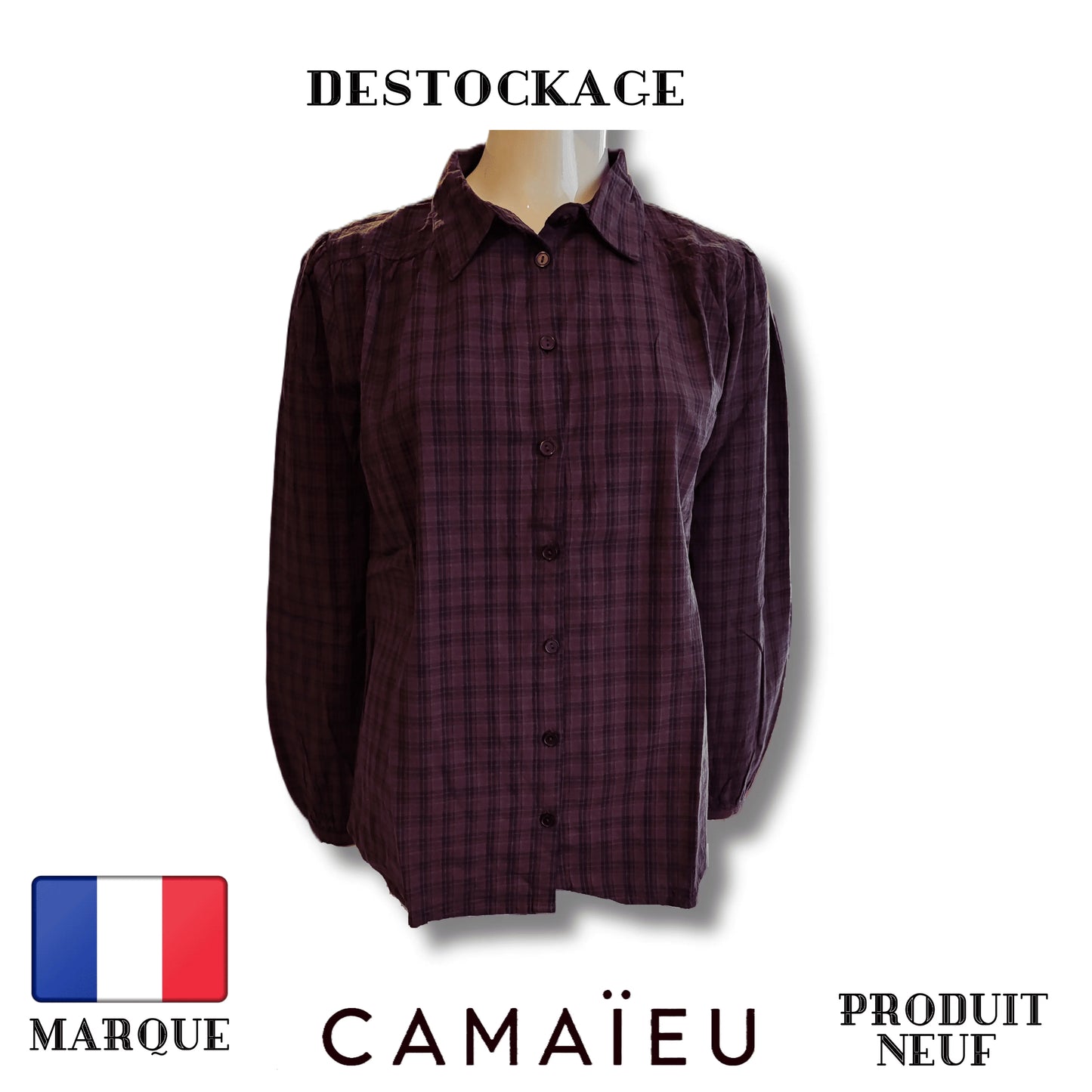 Camaïeu Blouse violet carreaux rayure - À Carreaux - Plusieurs Teintes - 100% Coton Royal Déstockage™