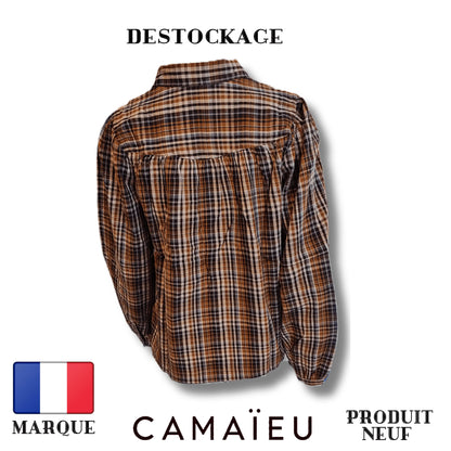 Camaïeu Blouse beige blanc cassé carreaux rayure - À Carreaux - Plusieurs Teintes - 100% Coton Royal Déstockage™