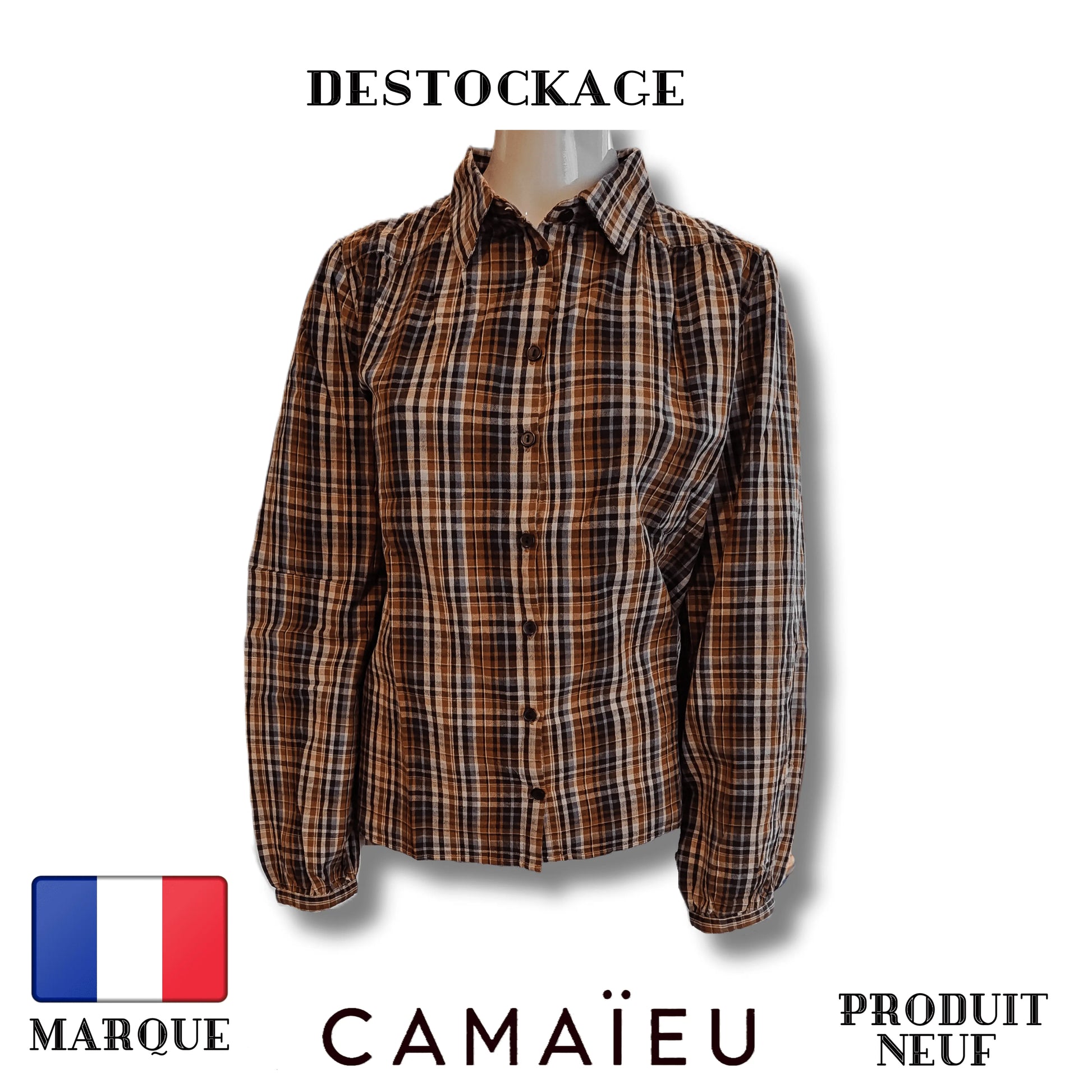 Camaïeu Blouse beige blanc cassé carreaux rayure - À Carreaux - Plusieurs Teintes - 100% Coton Royal Déstockage™