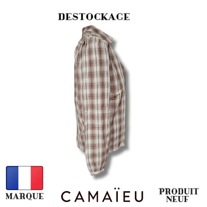 Camaïeu Blouse beige blanc cassé carreaux rayure - À Carreaux - Plusieurs Teintes - 100% Coton Royal Déstockage™