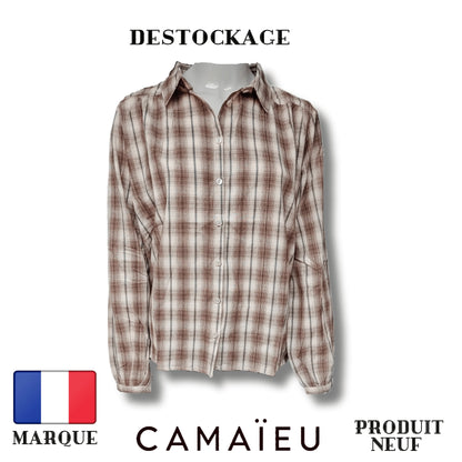 Camaïeu Blouse beige blanc cassé carreaux rayure - À Carreaux - Plusieurs Teintes - 100% Coton Royal Déstockage™